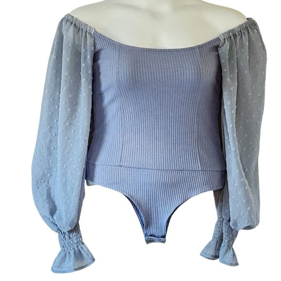 Promesa Periwinkle Bodysuit Dotted Swiss Balloon Sleeves with Flared Cuff Medium - Picture 2 of 9